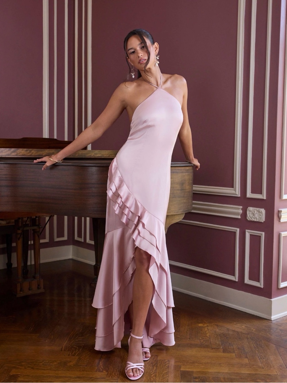 Cider Asymmetric Ruffle Halter Slip Dress in Dusty Pink